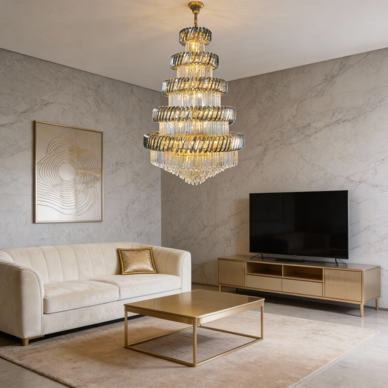 Tiered Crystal Chandelier with Gold Finish – Luxury Classic Ceiling Light