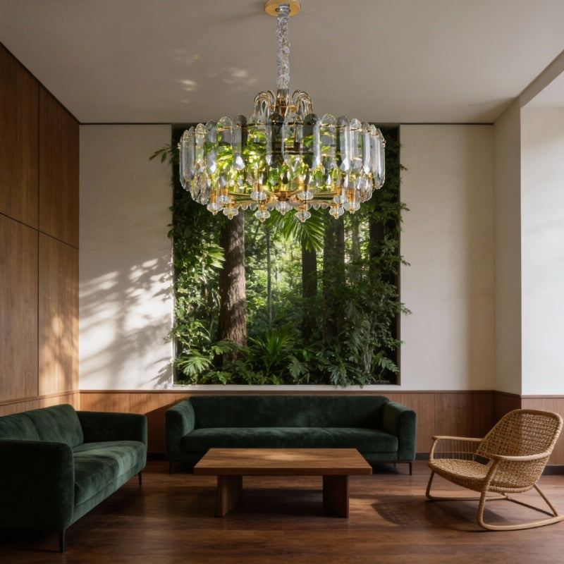 Luxury Crystal Chandelier with Gold Frame – Modern Statement Pendant Light