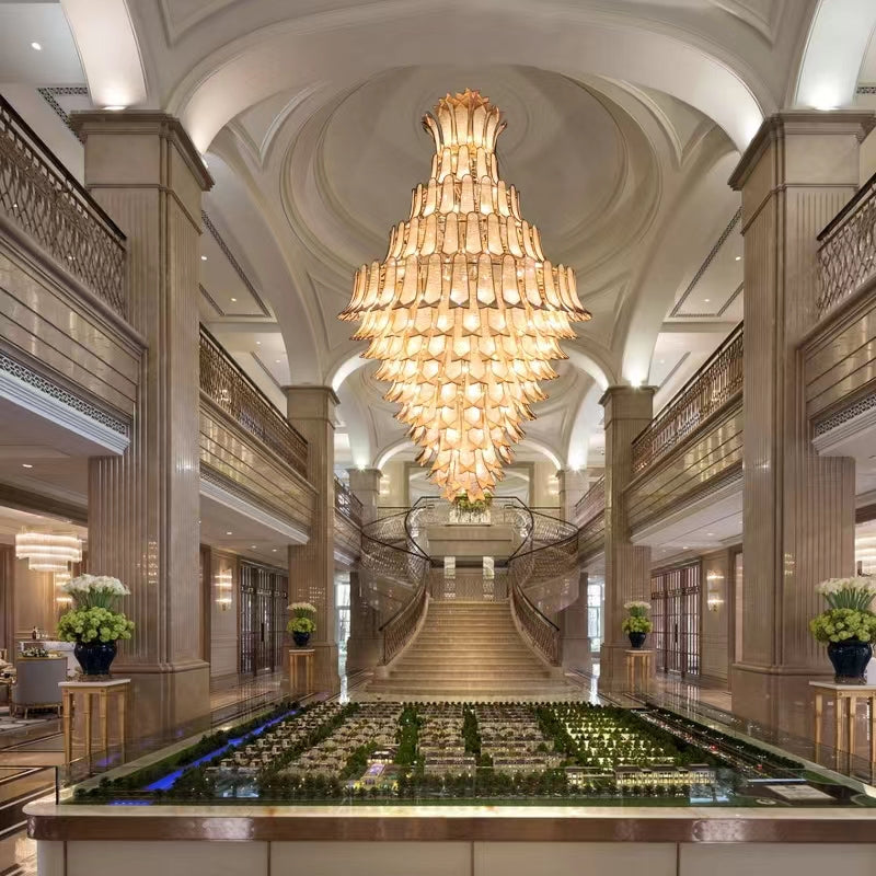 chandelier,chandeliers,extra large,large,oversize,big,long,high,leave,layers,tiers,glass,metal,staircase,spiral staircase,living room,high-ceiling room,duplex,foyer,gold,luxury