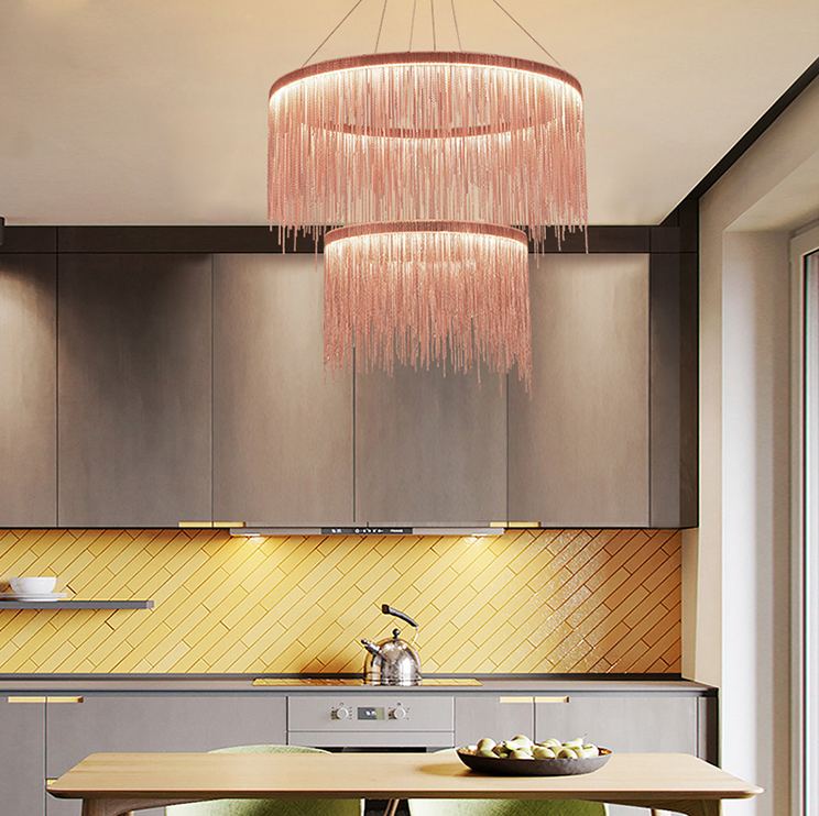 String Light Chandelier - Round,chandelier,chandeliers,tassel,pendant,aluminum,round,classic,two layers,2 layers,big,huge,large,oversized,chain,living room,dining room,duplex,loft