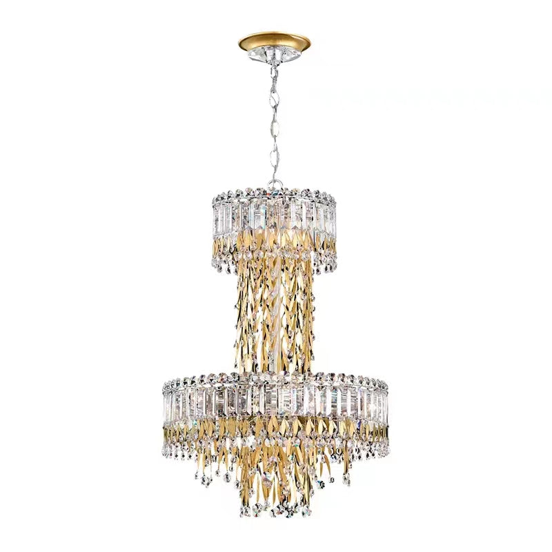 Triandra Chandelier,chandelier,chandeliers,leaf,leaves,gold,crystal rod,rods,crystal,luxury,empire,two layers,large,oversized,big