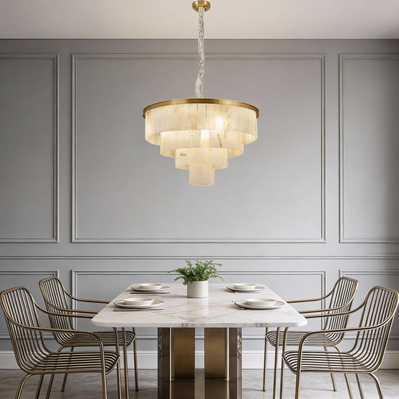 Modern Tiered Alabaster Chandelier with Brass Frame