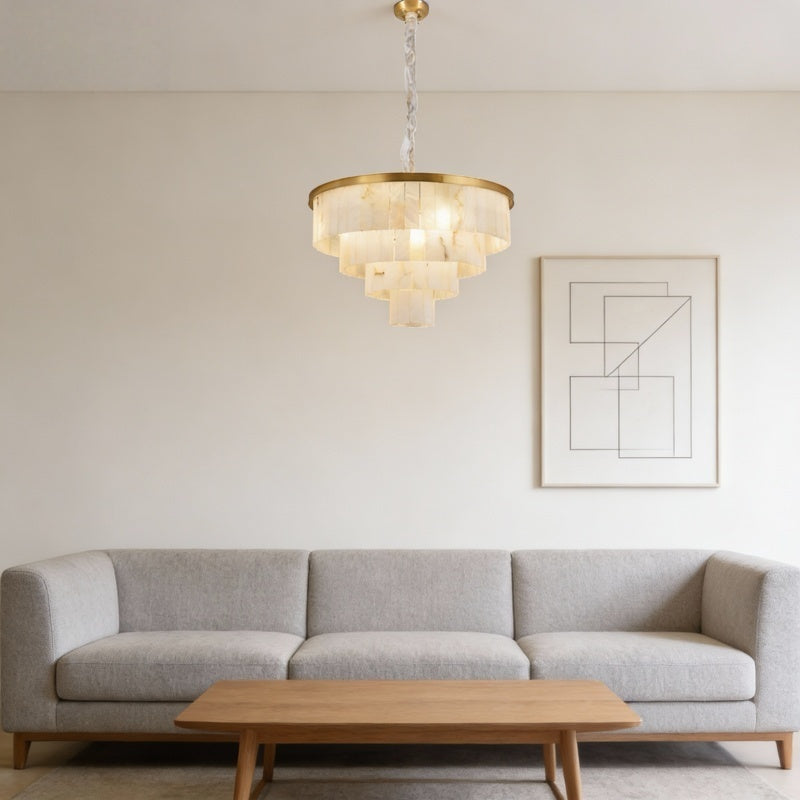 Modern Tiered Alabaster Chandelier with Brass Frame