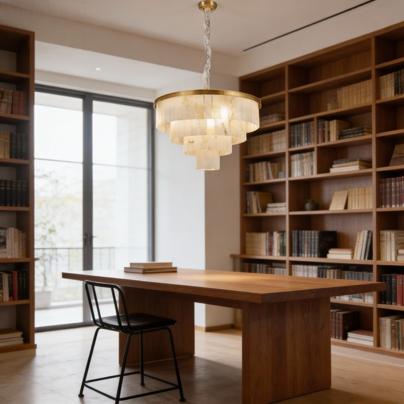 Modern Tiered Alabaster Chandelier with Brass Frame
