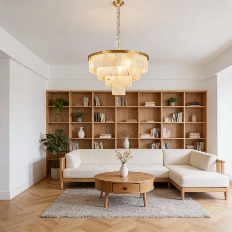Modern Tiered Alabaster Chandelier with Brass Frame