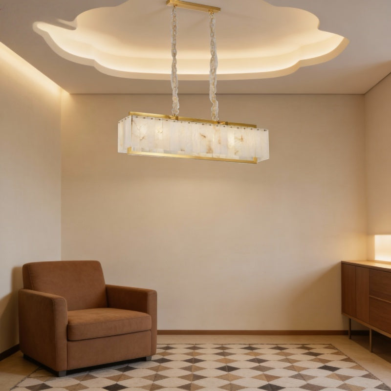 Luxury Rectangular Alabaster Pendant Light with Brass Frame
