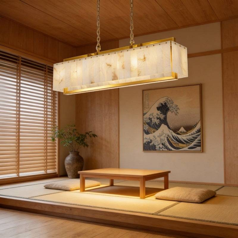 Luxury Rectangular Alabaster Pendant Light with Brass Frame