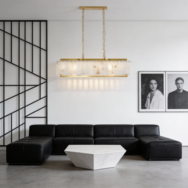 Luxury Rectangular Alabaster Pendant Light with Brass Frame