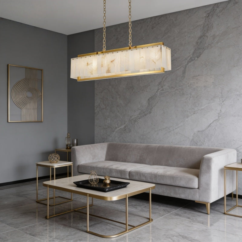 Luxury Rectangular Alabaster Pendant Light with Brass Frame
