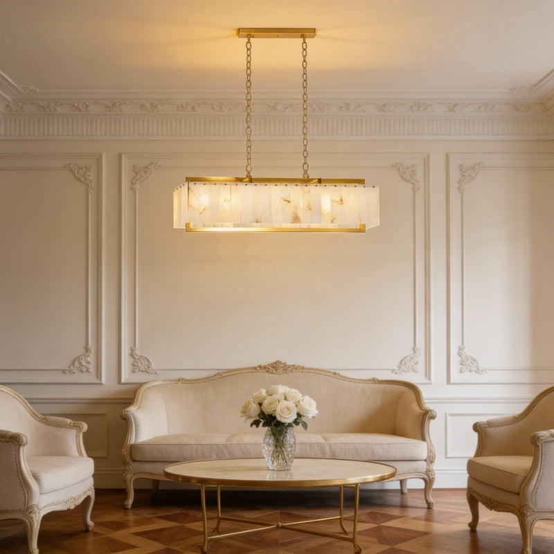 Luxury Rectangular Alabaster Pendant Light with Brass Frame