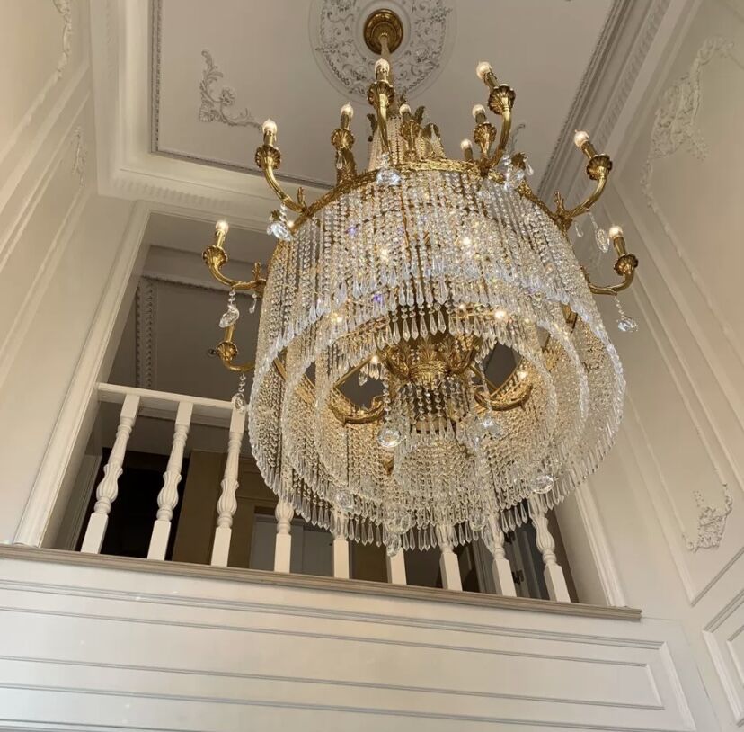  Large Oversized Luxury Golden Metal Brass  Candle Crystal Tassel Chandelier  For High-ceiling Staircase/Entryway/Hallway/Living/Meeting Room